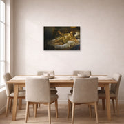 Gallery-wrapped canvas print of Rembrandt's Danaë displayed on a wall in a dining room