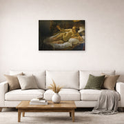 Gallery-wrapped canvas print of Rembrandt's Danaë displayed on a wall in a living room