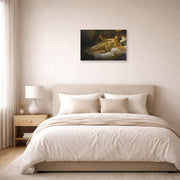 Unframed poster print of Rembrandt's Danaë displayed on a wall in a bedroom