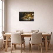 Unframed poster print of Rembrandt's Danaë displayed on a wall in a dining room