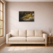 Unframed poster print of Rembrandt's Danaë displayed on a wall in a living room