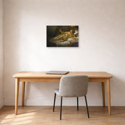 Unframed poster print of Rembrandt's Danaë displayed on a wall in an office