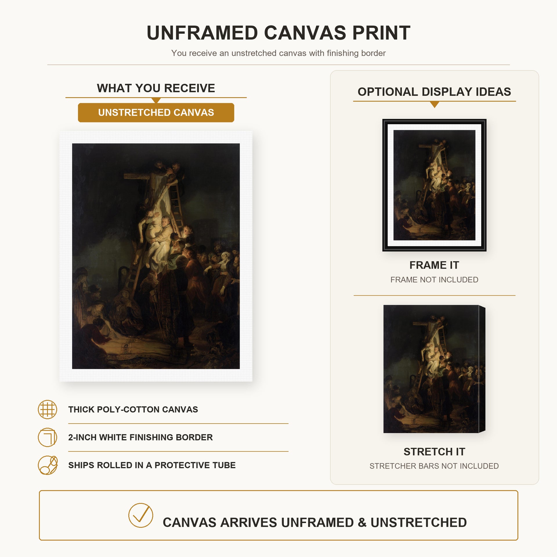 Rembrandt - Descent from the Cross canvas print size comparison and framing display infographic