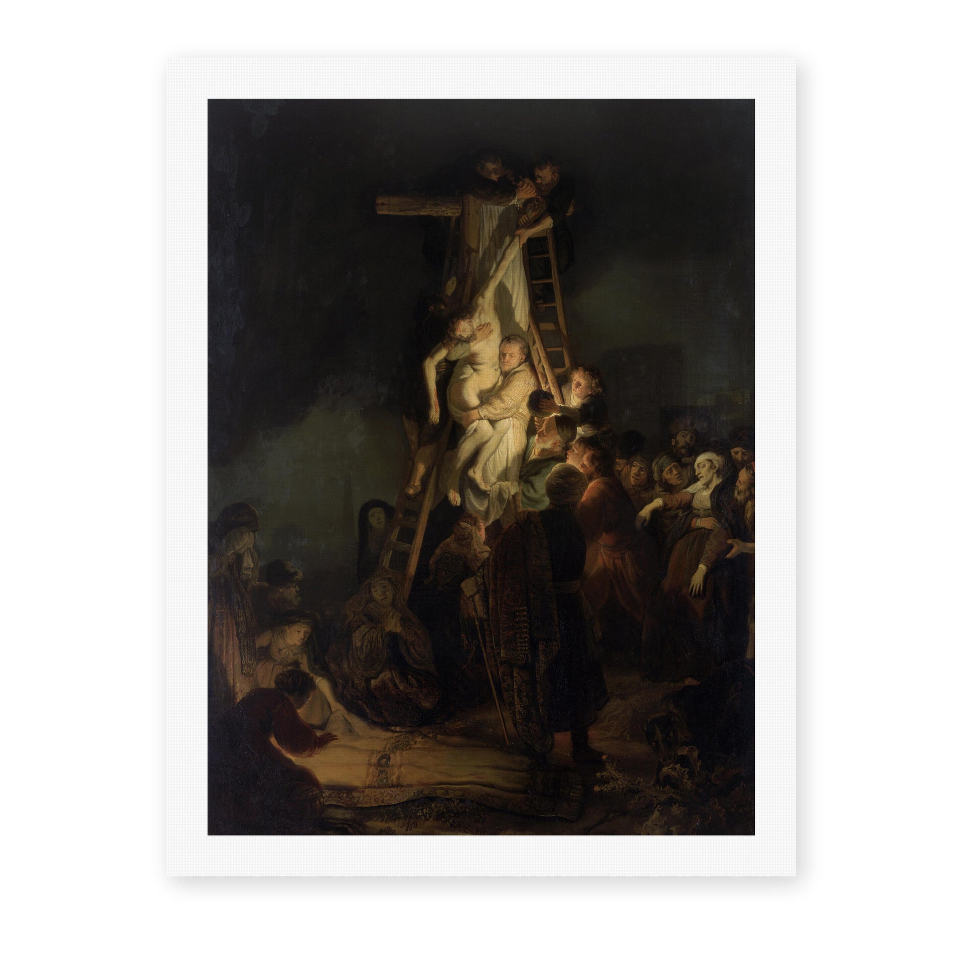 Rembrandt's 'Descent from the Cross' painting reproduced as a rolled canvas print