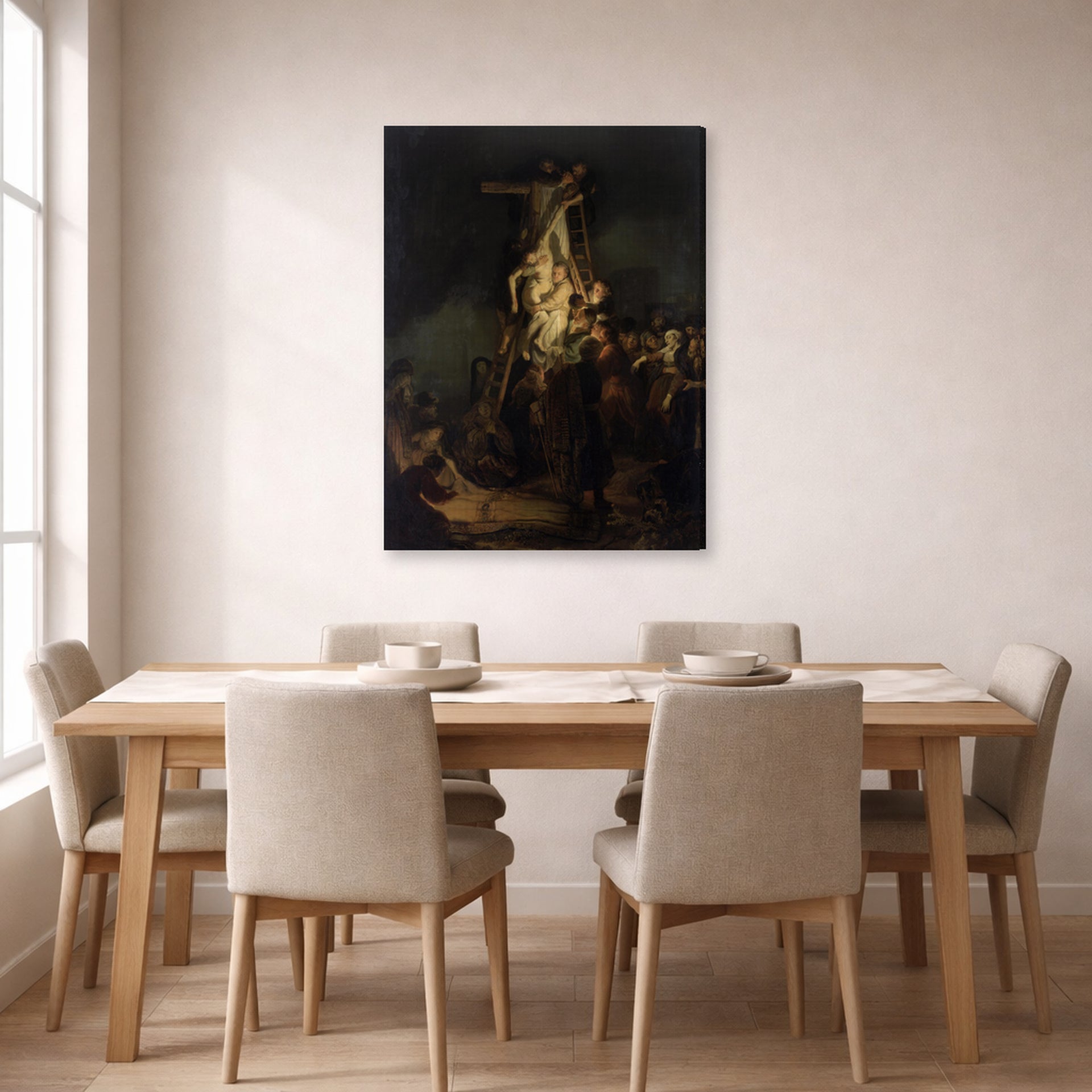 Gallery-wrapped canvas print of Rembrandt's Descent from the Cross displayed on a wall in a dining room