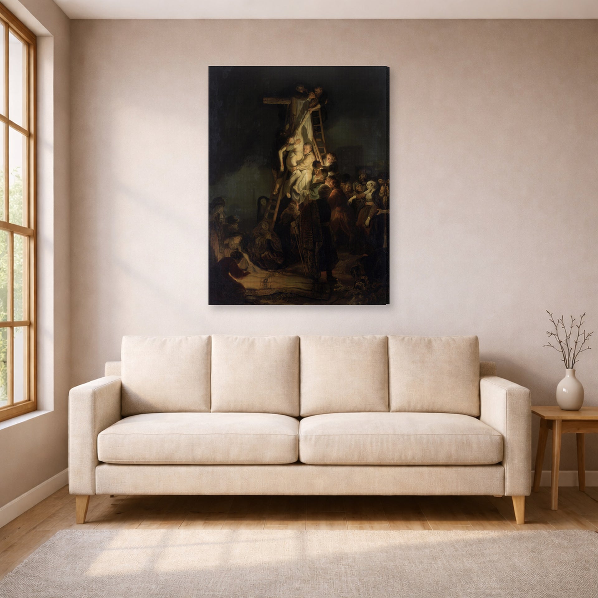 Gallery-wrapped canvas print of Rembrandt's Descent from the Cross displayed on a wall in a living room