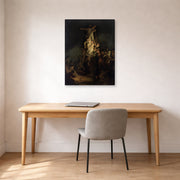 Gallery-wrapped canvas print of Rembrandt's Descent from the Cross displayed on a wall in an office