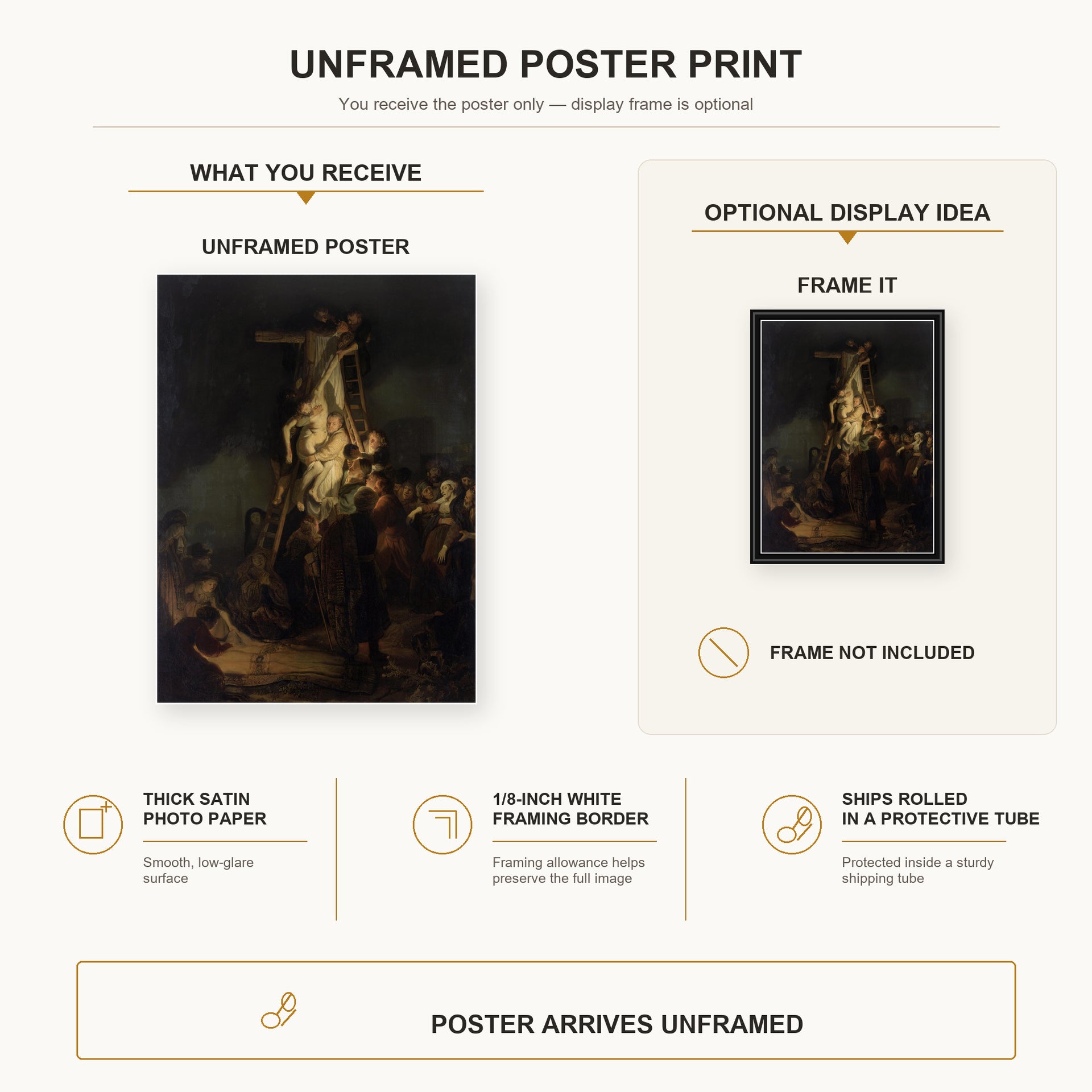 Rembrandt - Descent from the Cross poster print size comparison and framing display infographic