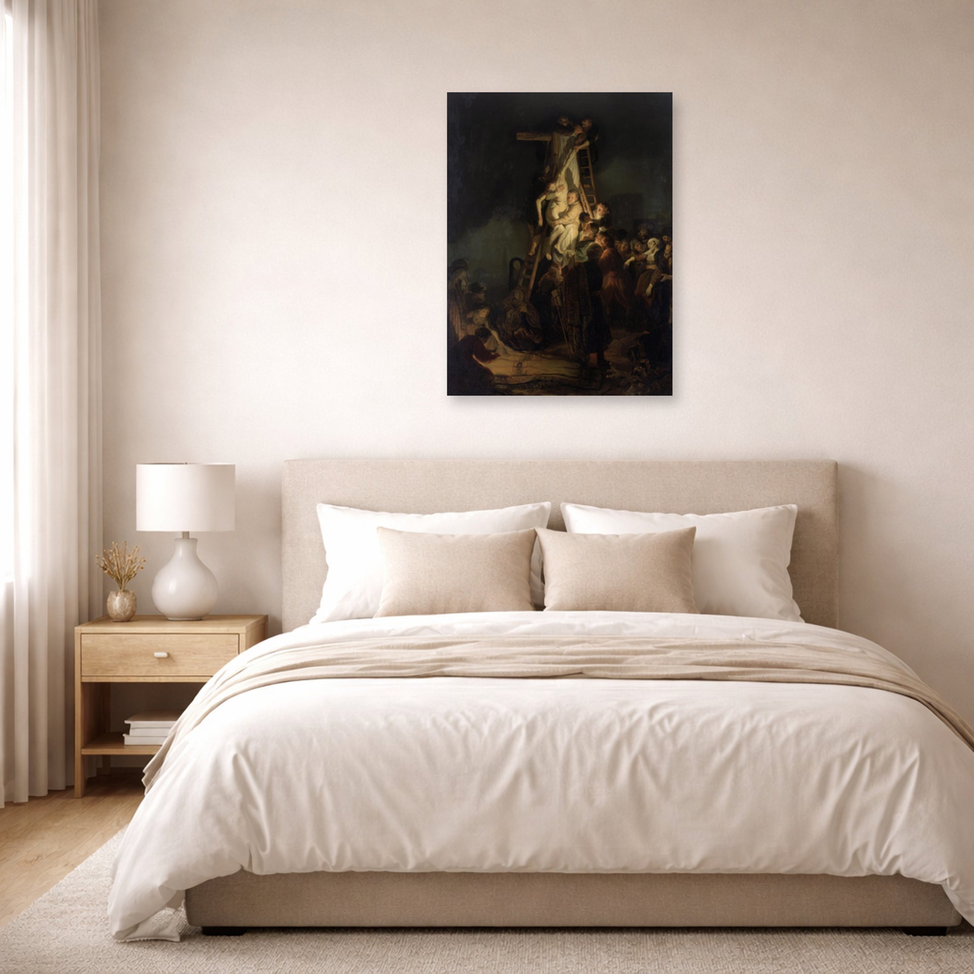 Unframed poster print of Rembrandt's Descent from the Cross displayed on a wall in a bedroom