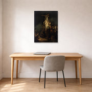 Unframed poster print of Rembrandt's Descent from the Cross displayed on a wall in an office
