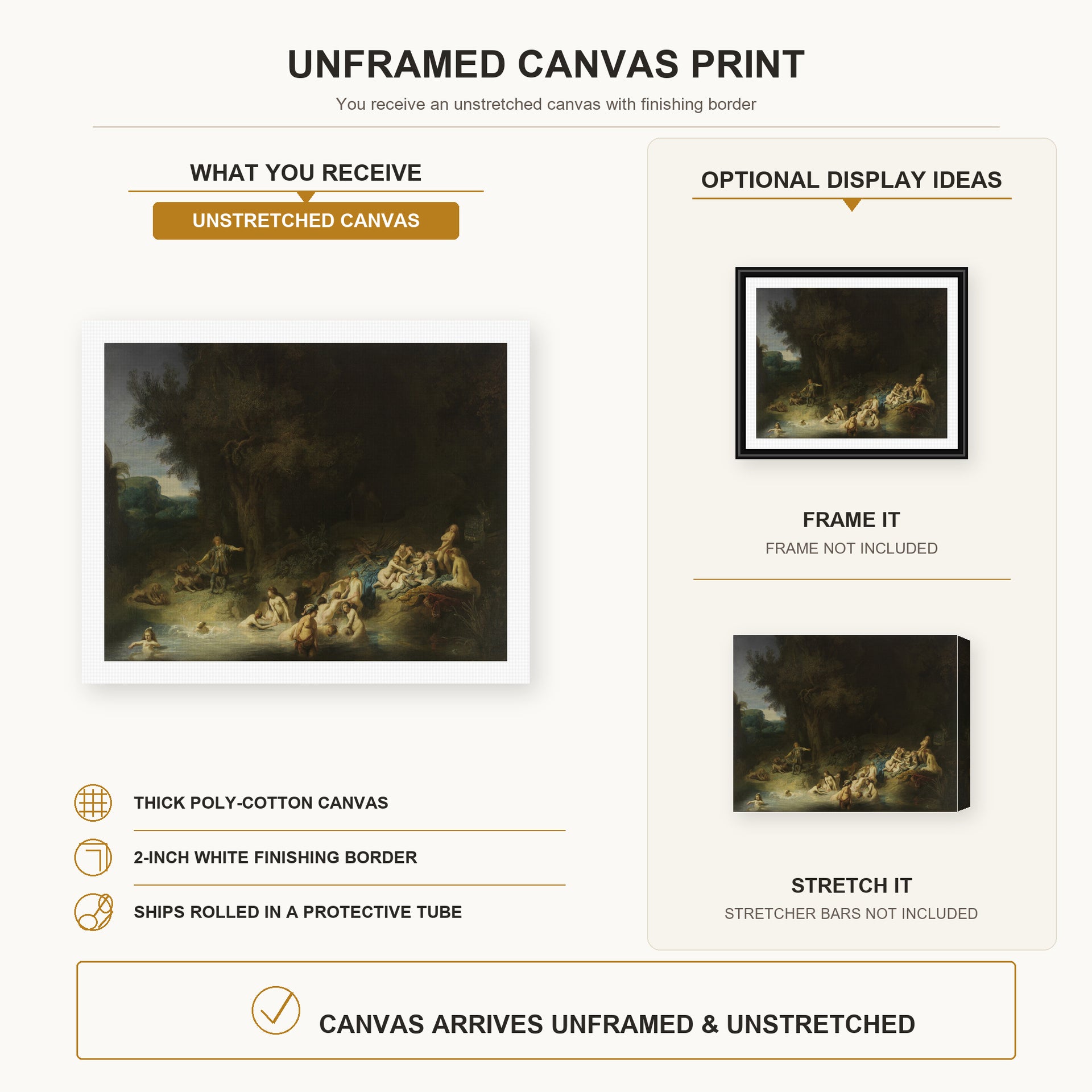 Rembrandt - Diana with Actaeon and Calisto canvas print size comparison and framing display infographic