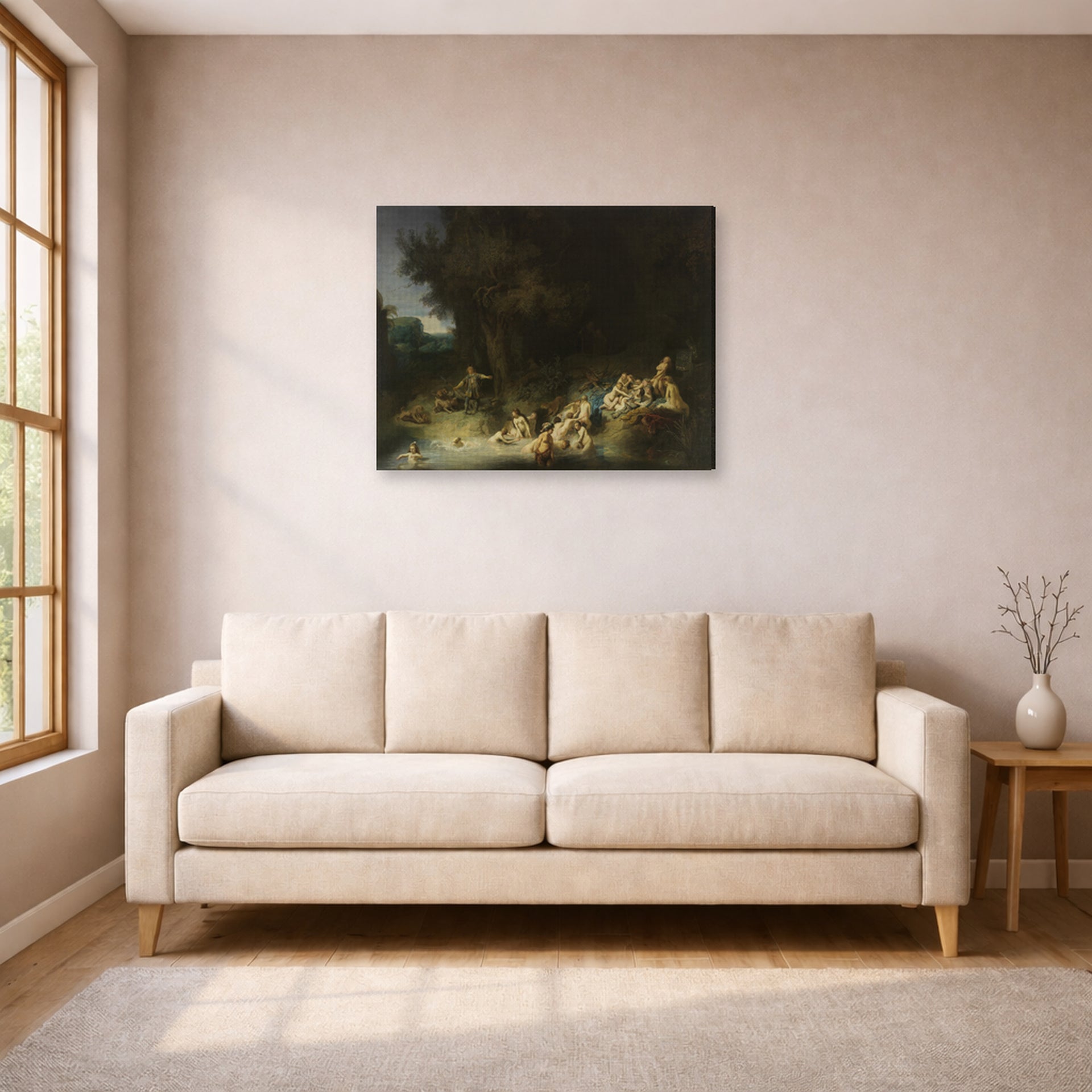 Gallery-wrapped canvas print of Rembrandt's Diana with Actaeon and Calisto displayed on a wall in a living room