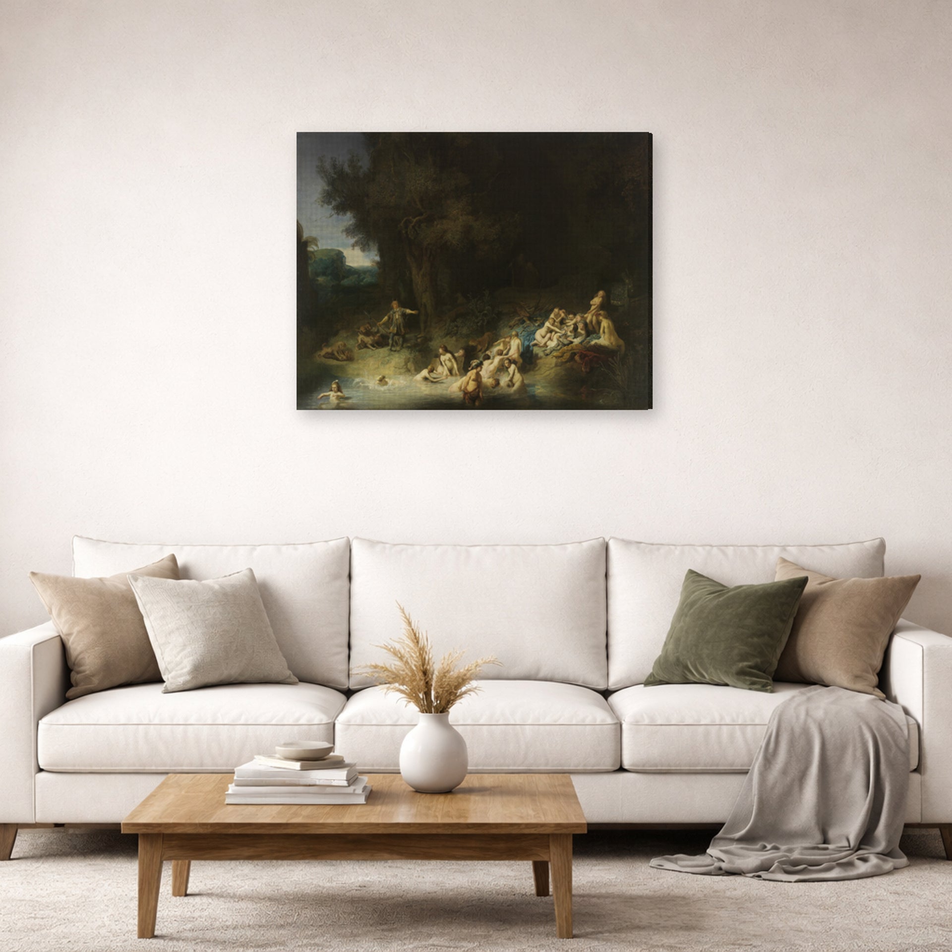 Gallery-wrapped canvas print of Rembrandt's Diana with Actaeon and Calisto displayed on a wall in a living room