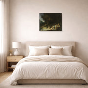 Unframed poster print of Rembrandt's Diana with Actaeon and Calisto displayed on a wall in a bedroom