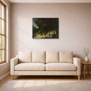 Unframed poster print of Rembrandt's Diana with Actaeon and Calisto displayed on a wall in a living room