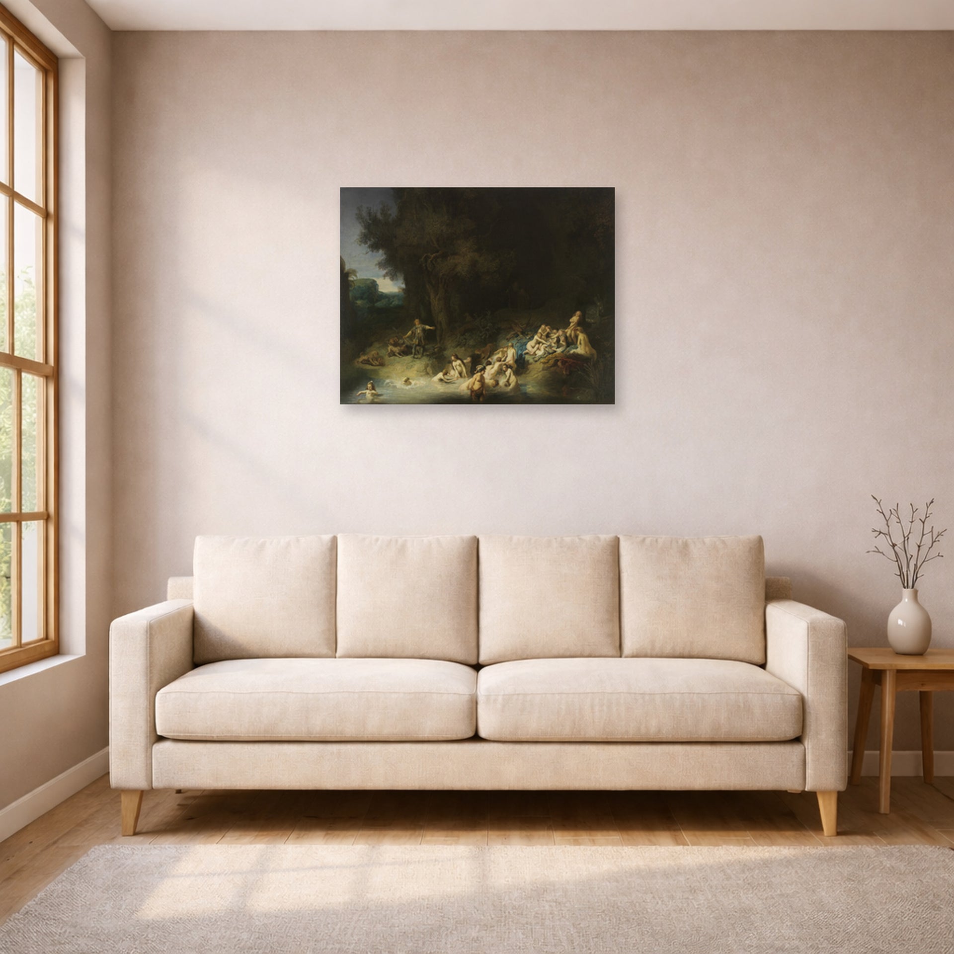 Unframed poster print of Rembrandt's Diana with Actaeon and Calisto displayed on a wall in a living room