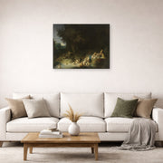 Unframed poster print of Rembrandt's Diana with Actaeon and Calisto displayed on a wall in a living room