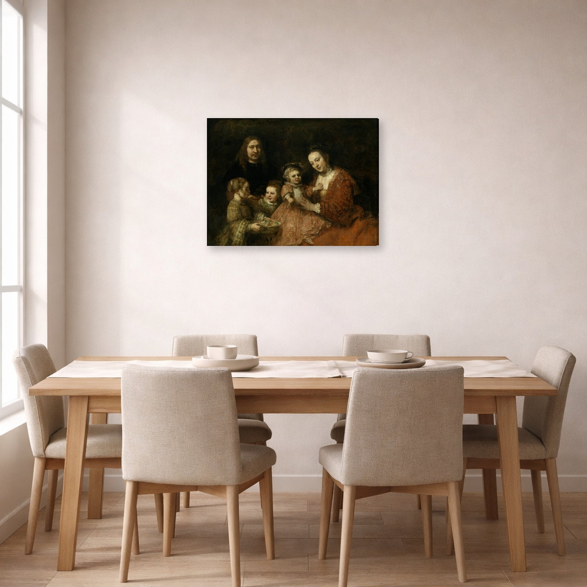Gallery-wrapped canvas print of Rembrandt's Family Group displayed on a wall in a dining room