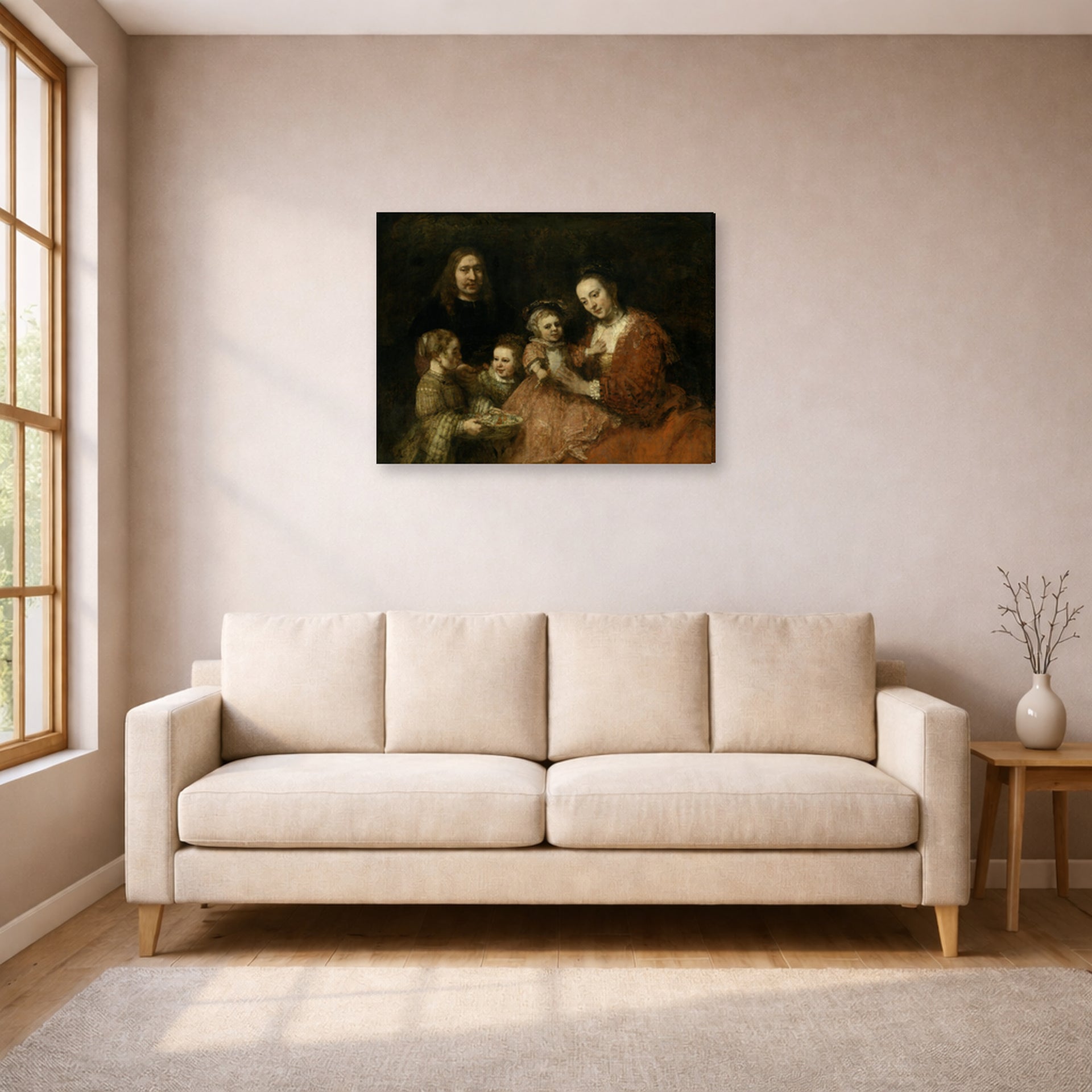Gallery-wrapped canvas print of Rembrandt's Family Group displayed on a wall in a living room