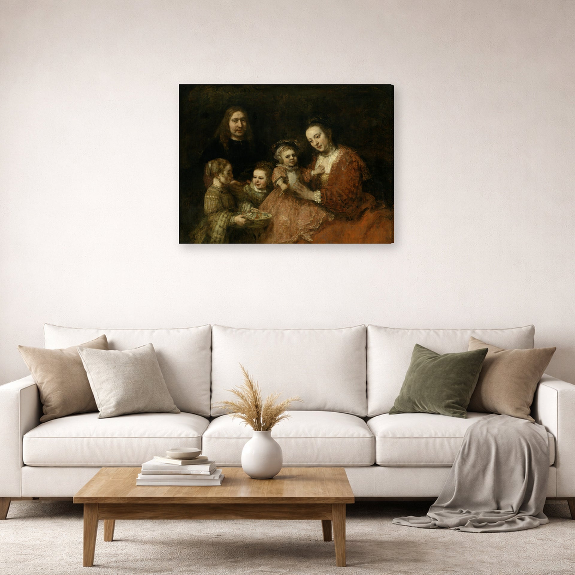 Gallery-wrapped canvas print of Rembrandt's Family Group displayed on a wall in a living room