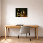 Gallery-wrapped canvas print of Rembrandt's Family Group displayed on a wall in an office
