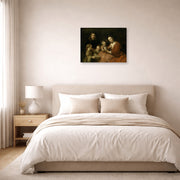 Unframed poster print of Rembrandt's Family Group displayed on a wall in a bedroom