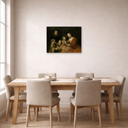 Unframed poster print of Rembrandt's Family Group displayed on a wall in a dining room