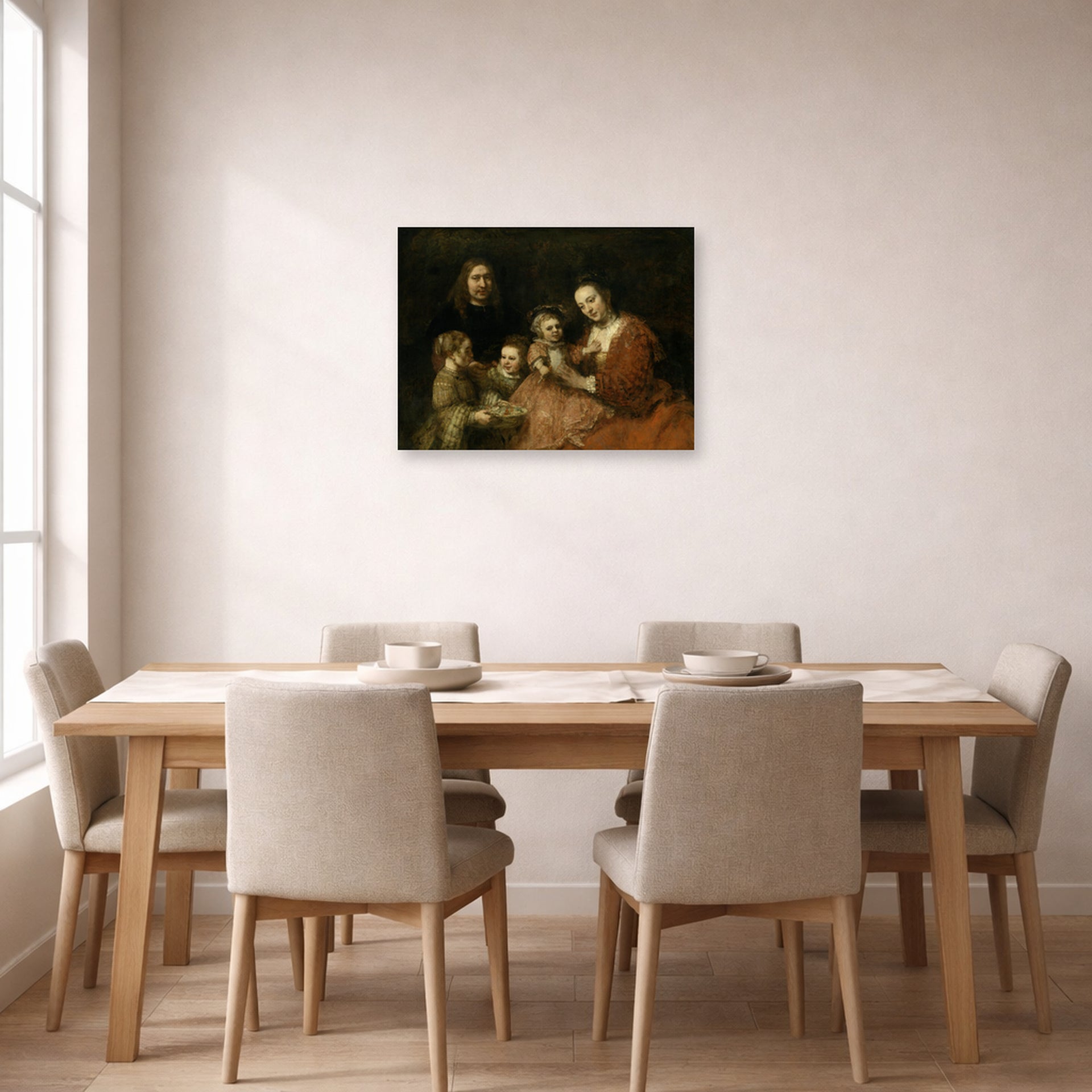 Unframed poster print of Rembrandt's Family Group displayed on a wall in a dining room