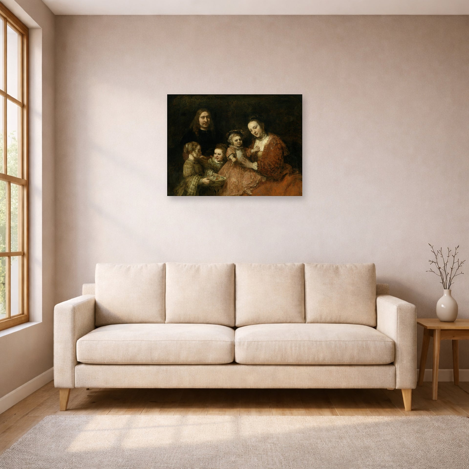 Unframed poster print of Rembrandt's Family Group displayed on a wall in a living room