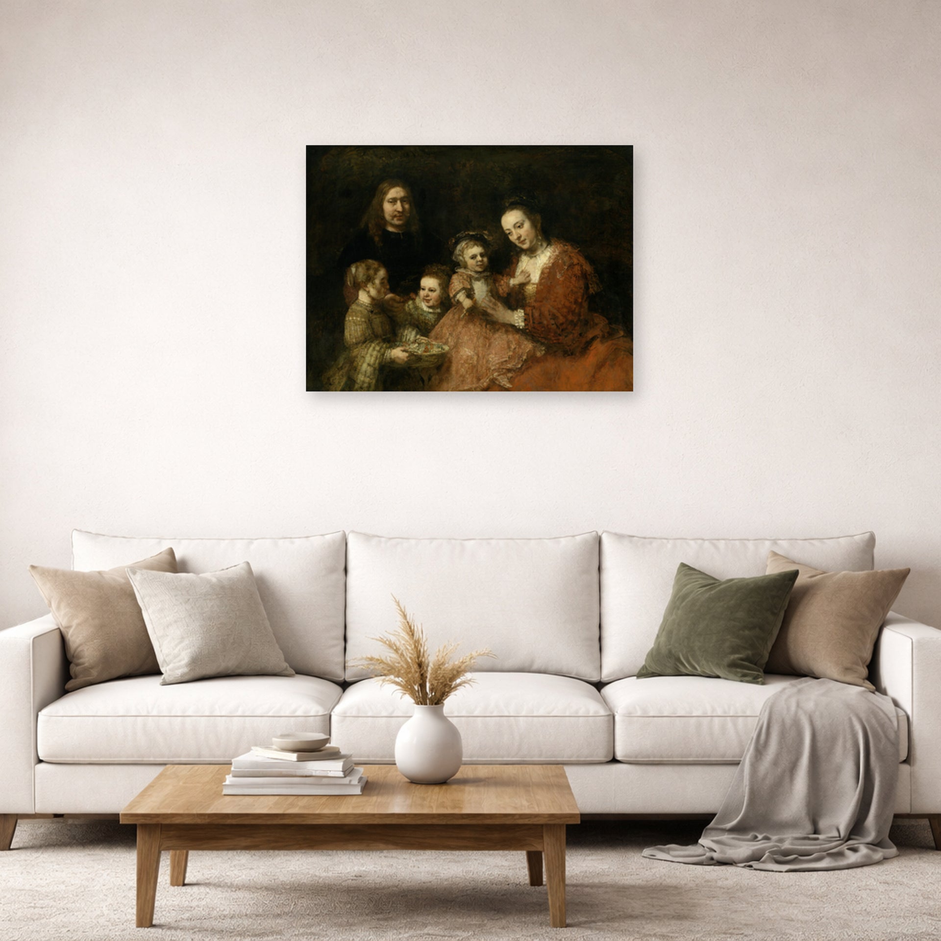 Unframed poster print of Rembrandt's Family Group displayed on a wall in a living room