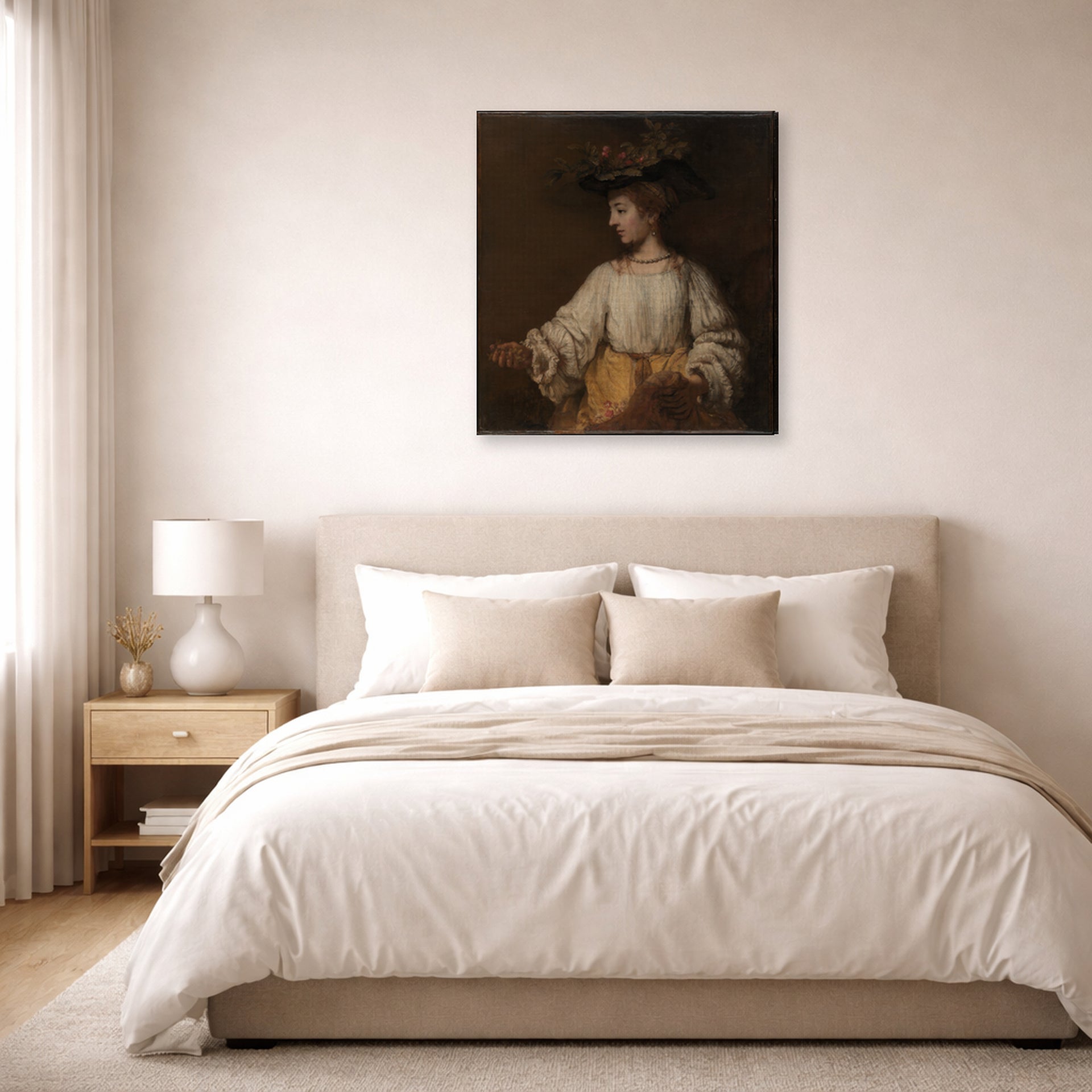 Gallery-wrapped canvas print of Rembrandt's Flora displayed on a wall in a bedroom