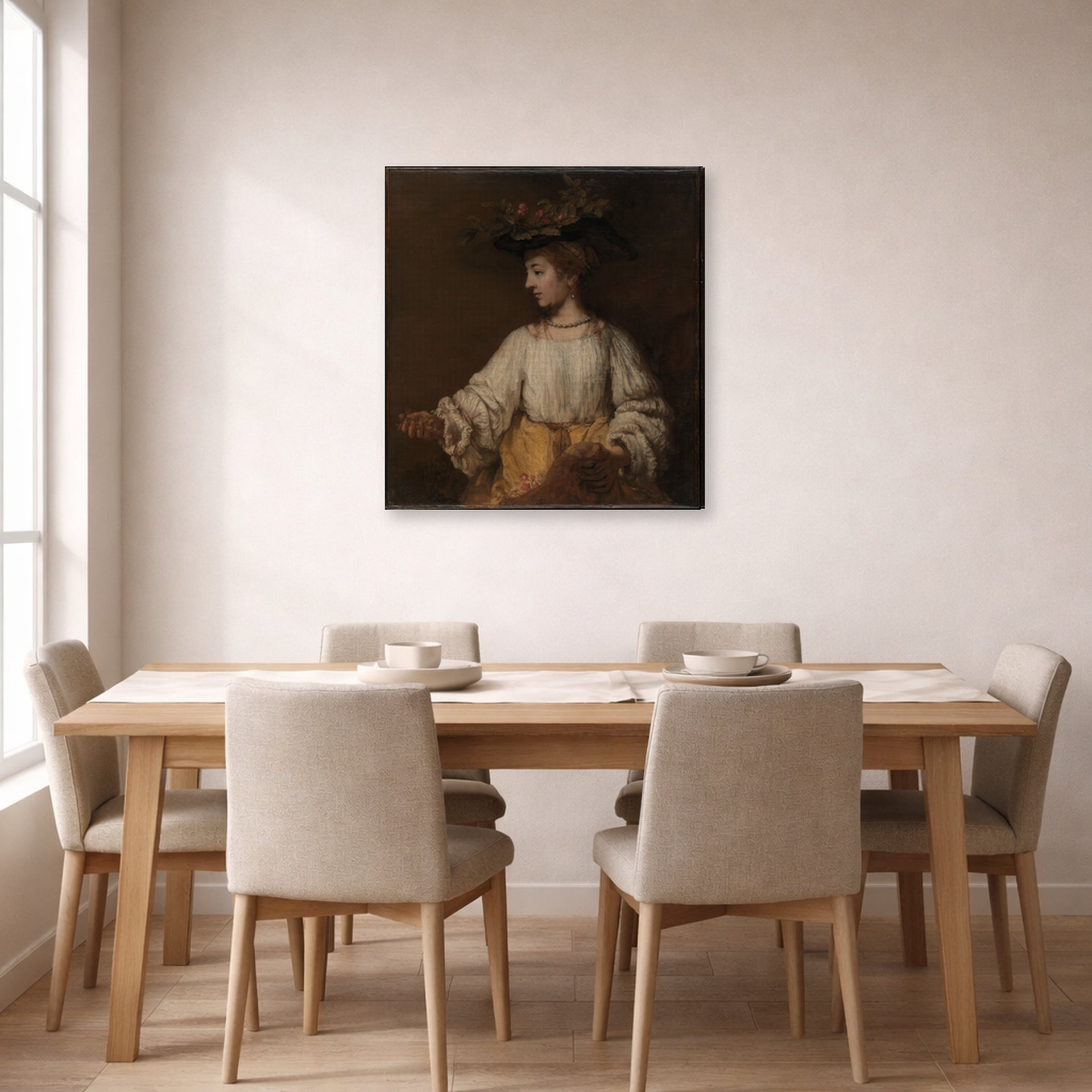 Gallery-wrapped canvas print of Rembrandt's Flora displayed on a wall in a dining room