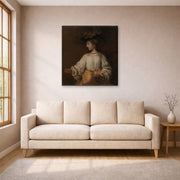Gallery-wrapped canvas print of Rembrandt's Flora displayed on a wall in a living room