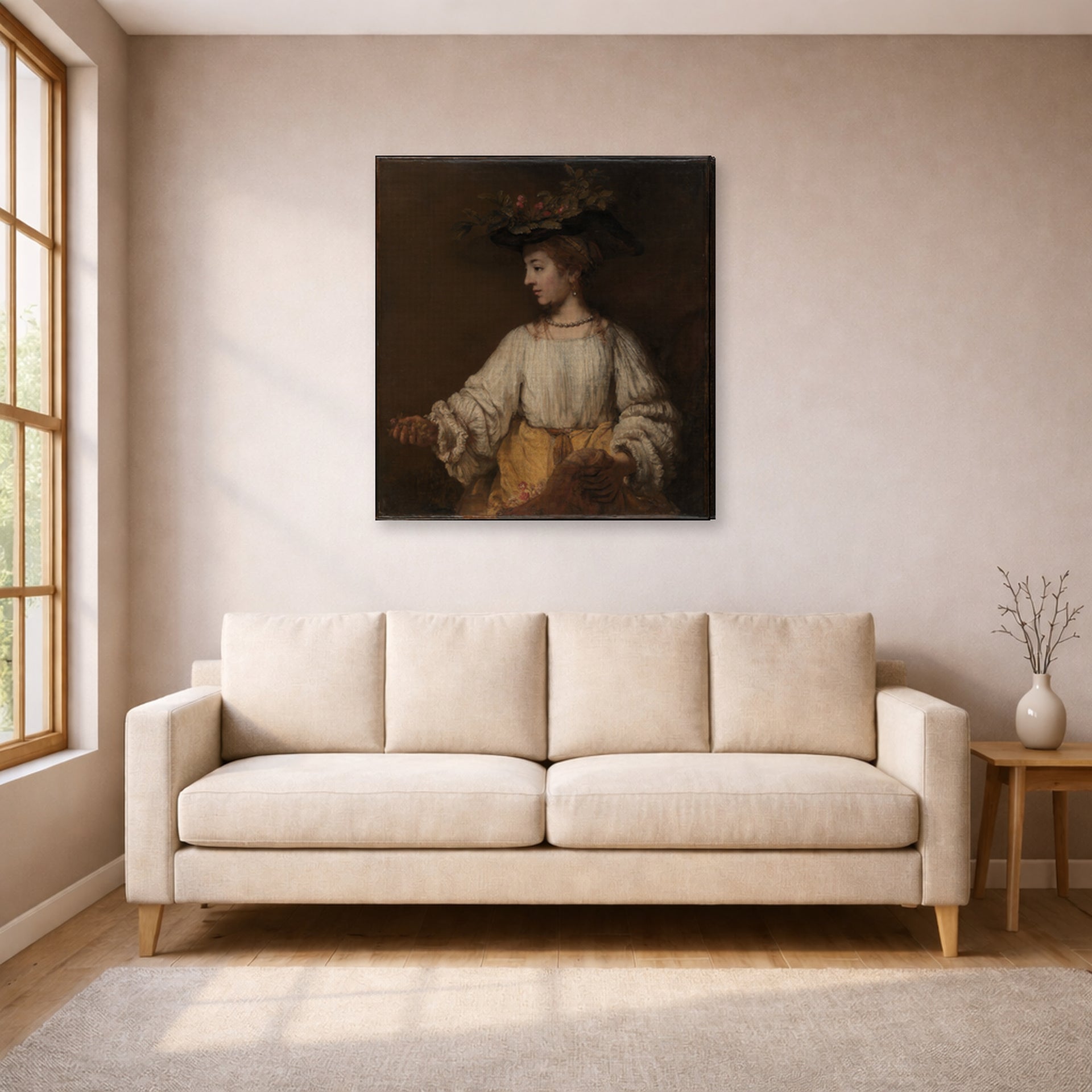 Gallery-wrapped canvas print of Rembrandt's Flora displayed on a wall in a living room