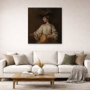 Gallery-wrapped canvas print of Rembrandt's Flora displayed on a wall in a living room