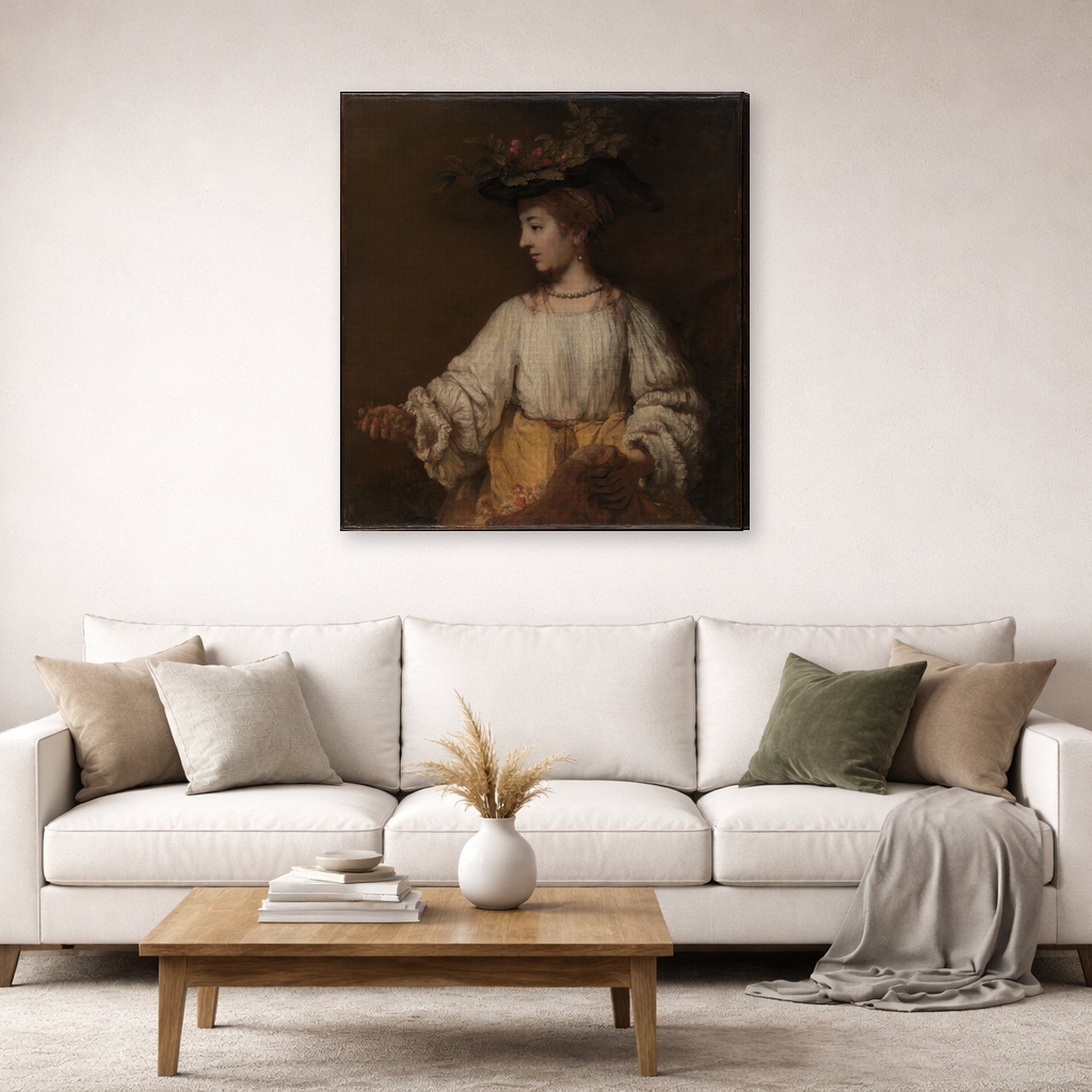 Gallery-wrapped canvas print of Rembrandt's Flora displayed on a wall in a living room