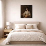 Unframed poster print of Rembrandt's Flora displayed on a wall in a bedroom