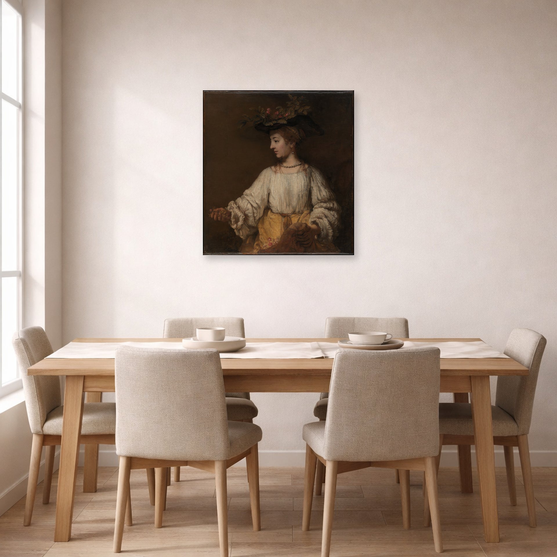 Unframed poster print of Rembrandt's Flora displayed on a wall in a dining room