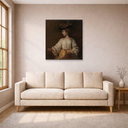 Unframed poster print of Rembrandt's Flora displayed on a wall in a living room