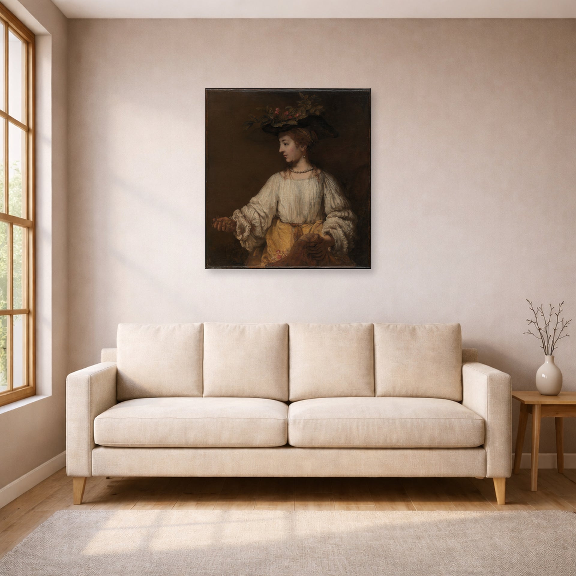 Unframed poster print of Rembrandt's Flora displayed on a wall in a living room