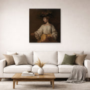 Unframed poster print of Rembrandt's Flora displayed on a wall in a living room