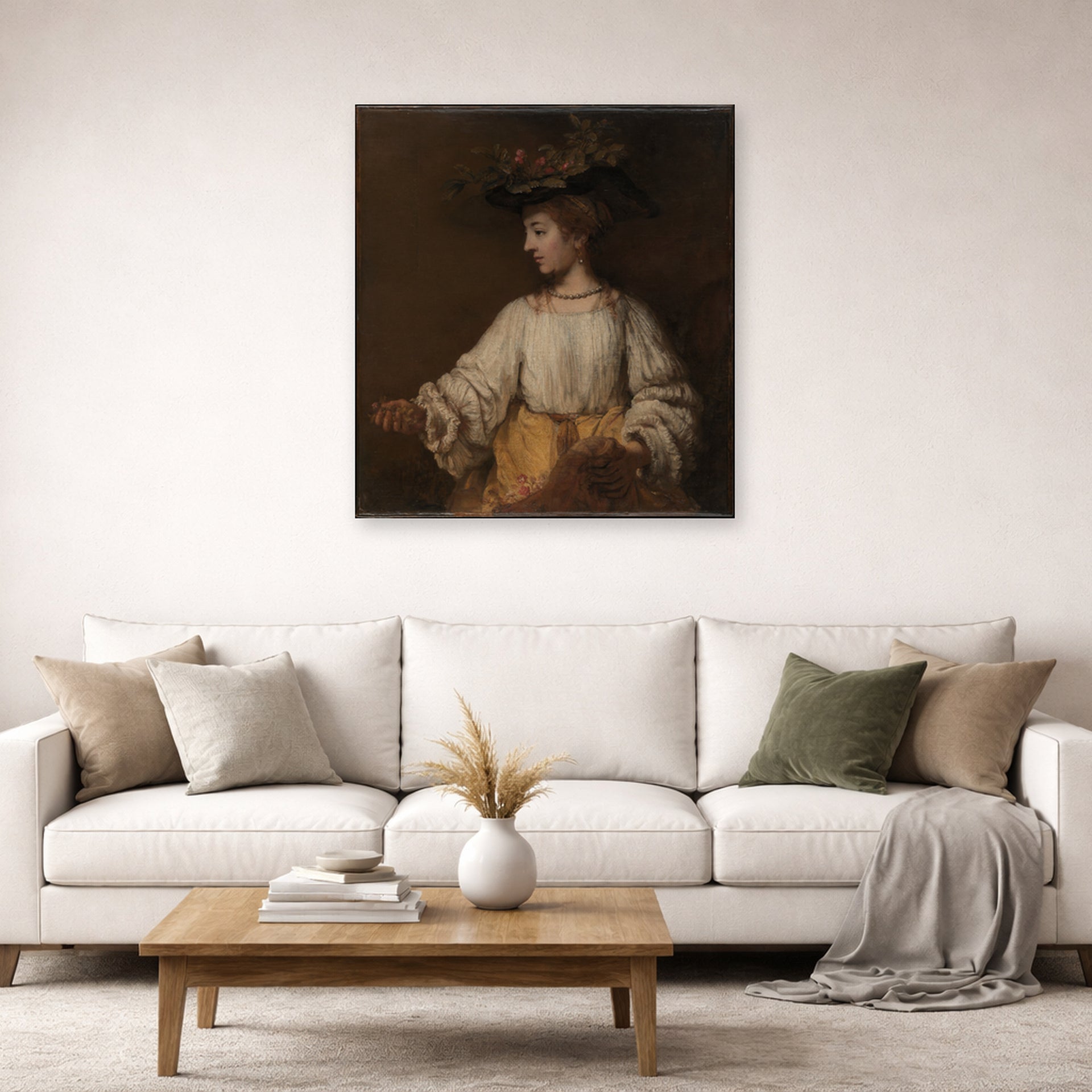 Unframed poster print of Rembrandt's Flora displayed on a wall in a living room