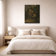 Gallery-wrapped canvas print of Rembrandt's Grieving Judas displayed on a wall in a bedroom