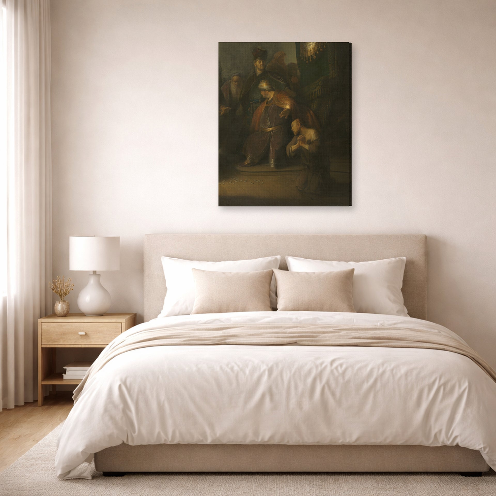 Gallery-wrapped canvas print of Rembrandt's Grieving Judas displayed on a wall in a bedroom