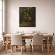 Gallery-wrapped canvas print of Rembrandt's Grieving Judas displayed on a wall in a dining room