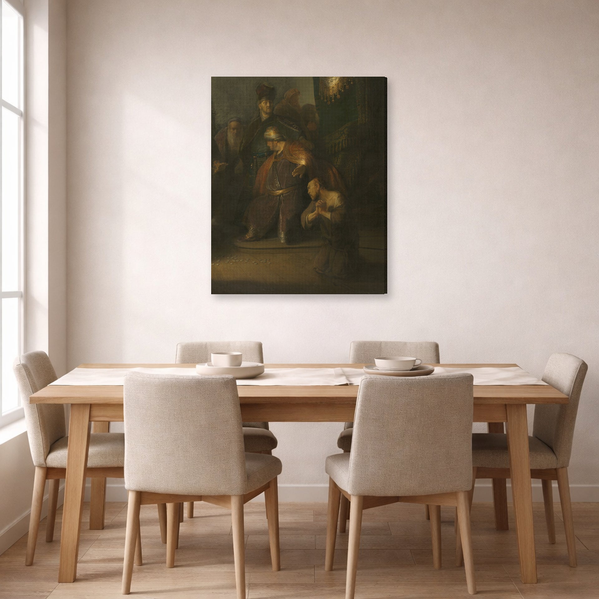 Gallery-wrapped canvas print of Rembrandt's Grieving Judas displayed on a wall in a dining room