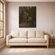 Gallery-wrapped canvas print of Rembrandt's Grieving Judas displayed on a wall in a living room