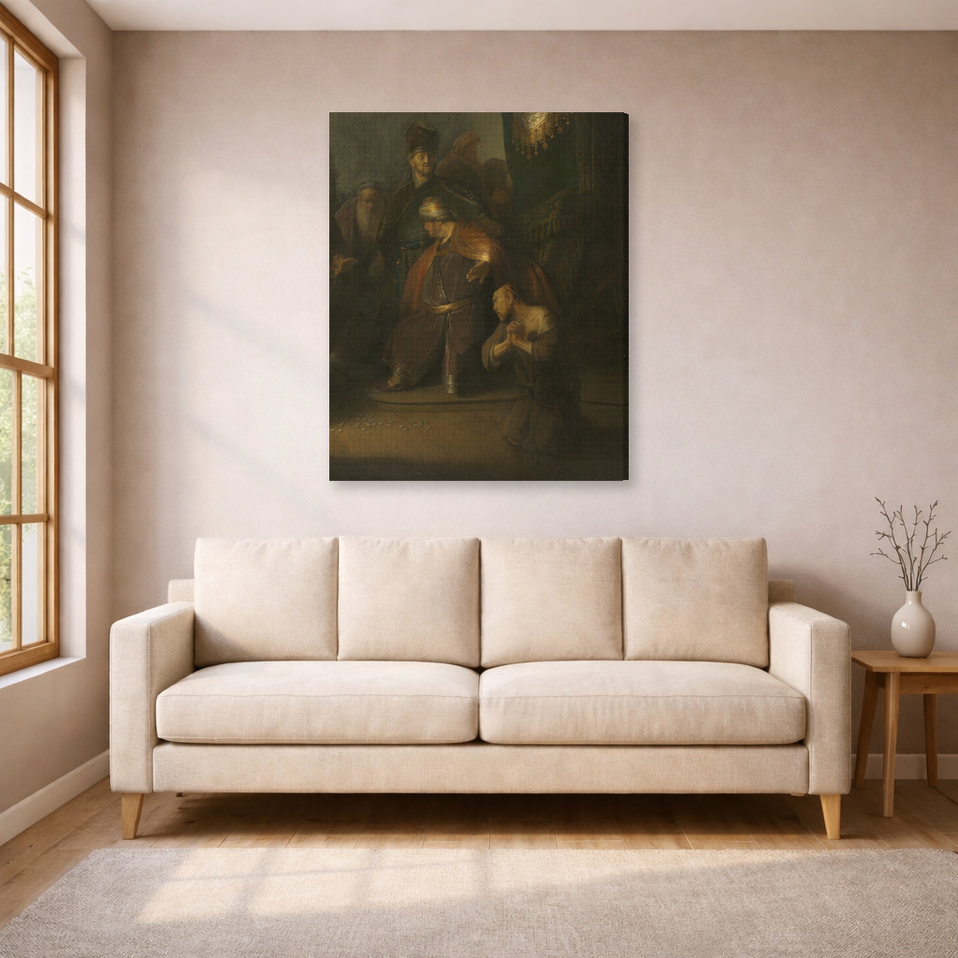 Gallery-wrapped canvas print of Rembrandt's Grieving Judas displayed on a wall in a living room