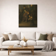 Gallery-wrapped canvas print of Rembrandt's Grieving Judas displayed on a wall in a living room