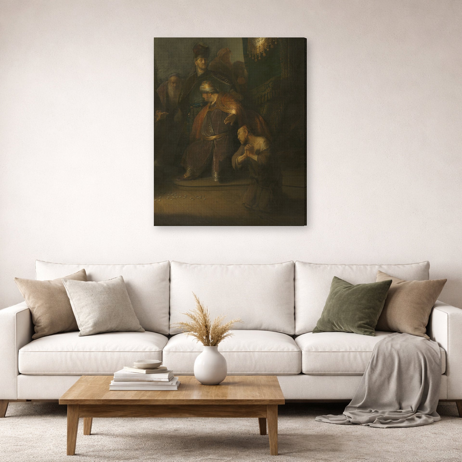 Gallery-wrapped canvas print of Rembrandt's Grieving Judas displayed on a wall in a living room